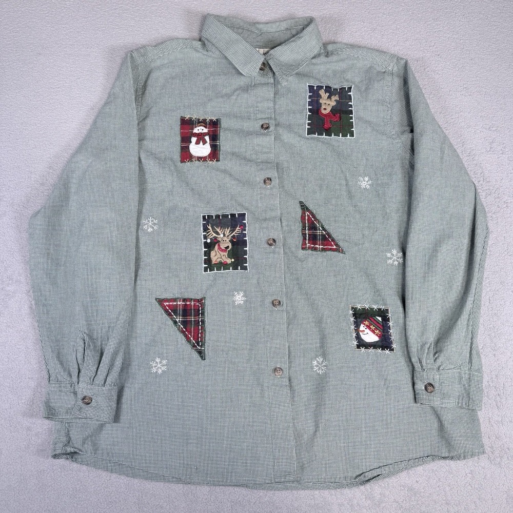 Victoria Jones Denim Button Down Shirt Womens X1 Blue Embroidered Christmas
